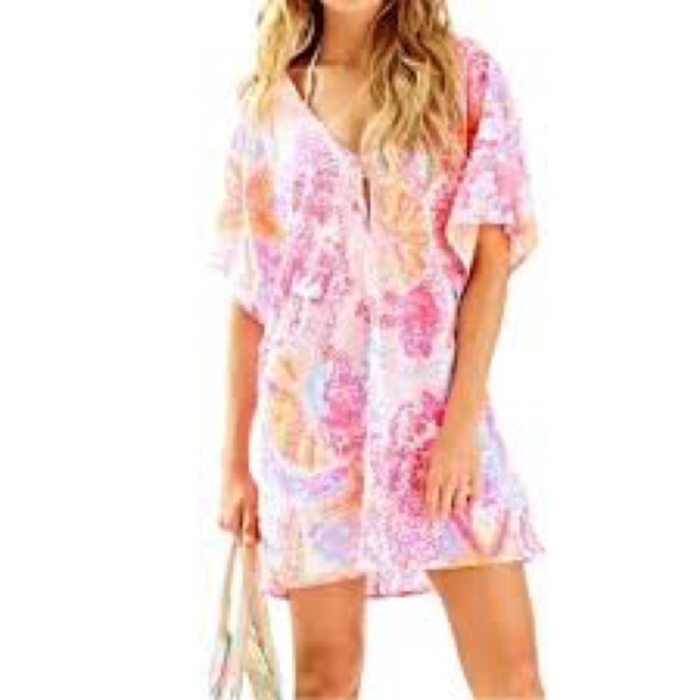 Lilly Pulitzer 100% Linen Balleta Cover Up in Paradise Pink Bohemian Beach L - Picture 2 of 14